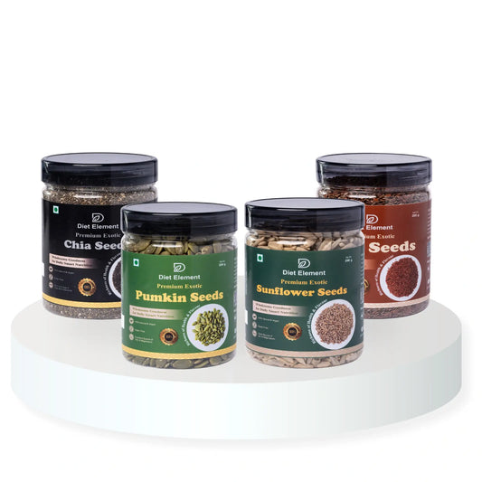 Four jars of different types of seeds on a white background