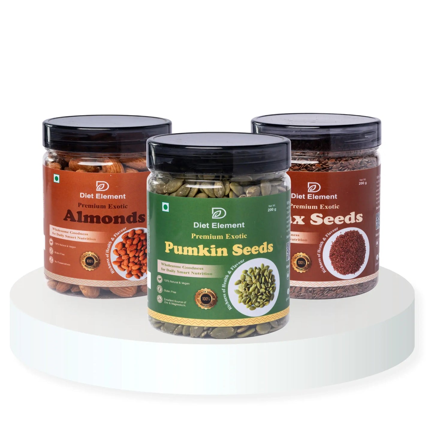 Three jars of Diet Element nuts and seeds on a white background