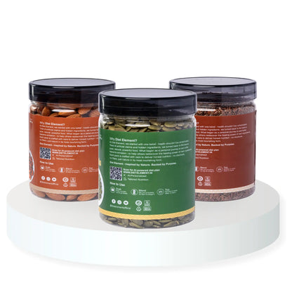 Three jars of dried fruits and nuts on a white background